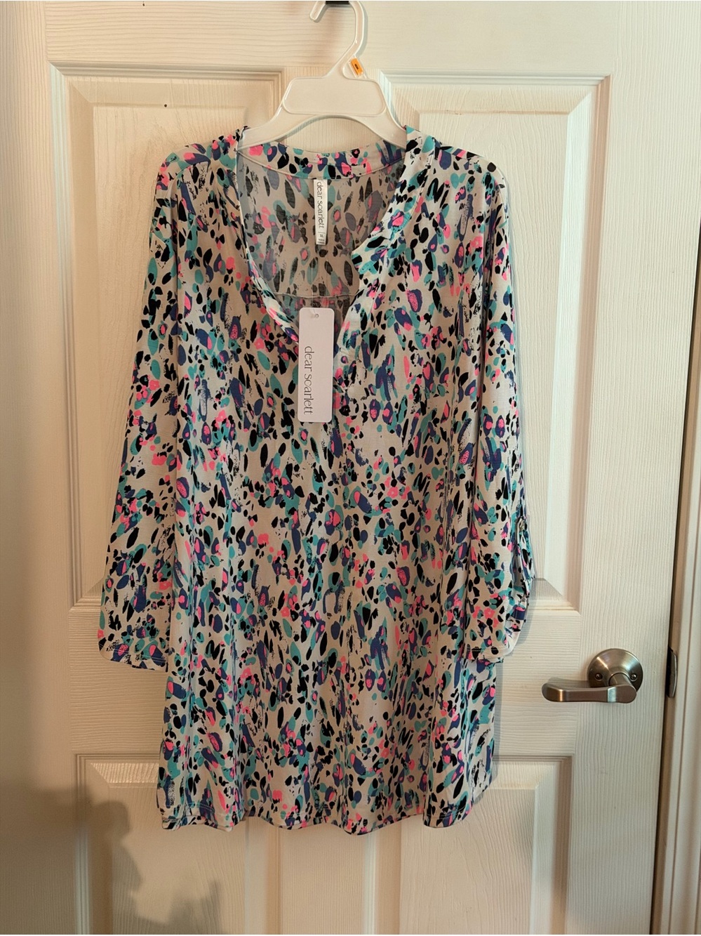 Lightweight Printed Tunic in White with Blue & Pink Accents - Picture 3 of 3